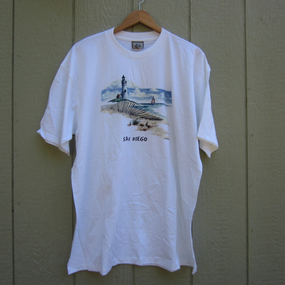 VTG Liquid Blue San Diego Lighthouse T-Shirt‎ White Graphic Tee XL Air Waves